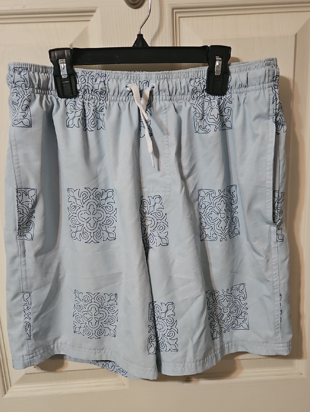 Men's Light Blue Tile-Print Swim Board Shorts